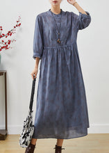 Load image into Gallery viewer, Vintage Blue Grey Cinched Print Linen Dress Bracelet Sleeve