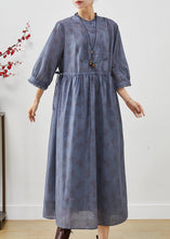 Load image into Gallery viewer, Vintage Blue Grey Cinched Print Linen Dress Bracelet Sleeve