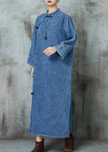 Load image into Gallery viewer, Vintage Blue Mandarin Collar Chinese Button Denim Dresses Spring