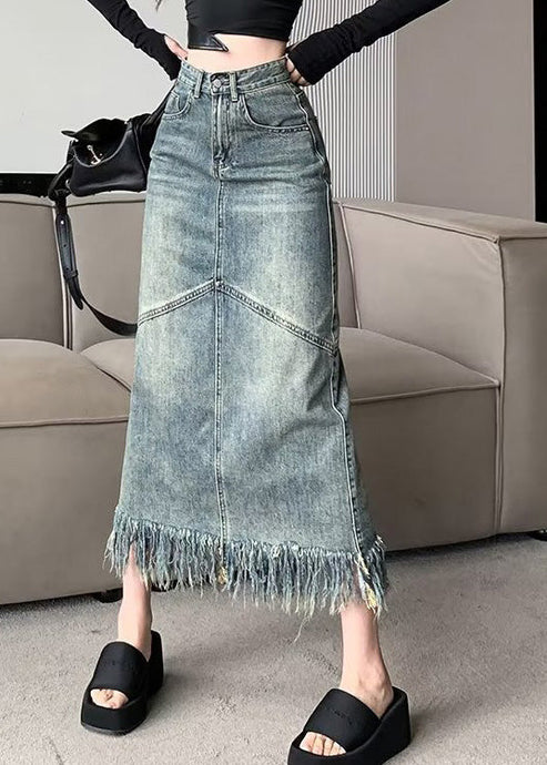 Vintage Blue Patchwork Tassel Denim Maxi Skirts Summer