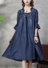 Load image into Gallery viewer, Vintage Blue Square Collar Embroidered Floral Ruffled Patchwork Long Dresses Half Sleeve