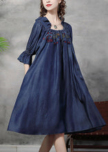 Load image into Gallery viewer, Vintage Blue Square Collar Embroidered Floral Ruffled Patchwork Long Dresses Half Sleeve