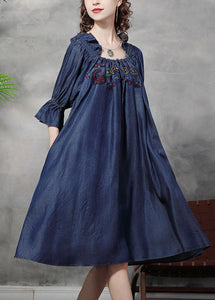 Vintage Blue Square Collar Embroidered Floral Ruffled Patchwork Long Dresses Half Sleeve