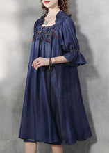 Load image into Gallery viewer, Vintage Blue Square Collar Embroidered Floral Ruffled Patchwork Long Dresses Half Sleeve