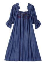 Load image into Gallery viewer, Vintage Blue Square Collar Embroidered Floral Ruffled Patchwork Long Dresses Half Sleeve