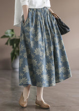 Load image into Gallery viewer, Vintage Blue Wrinkled Pockets Print Linen Skirt Spring