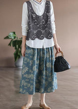 Load image into Gallery viewer, Vintage Blue Wrinkled Pockets Print Linen Skirt Spring