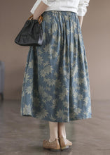 Load image into Gallery viewer, Vintage Blue Wrinkled Pockets Print Linen Skirt Spring