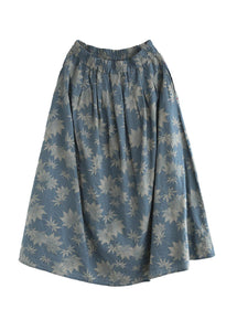 Vintage Blue Wrinkled Pockets Print Linen Skirt Spring