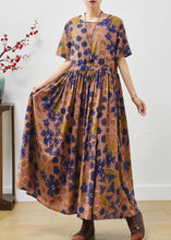 Load image into Gallery viewer, Vintage Brown Cinched Print Cotton Long Dresses Summer