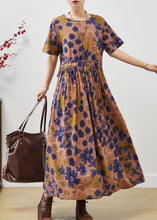 Load image into Gallery viewer, Vintage Brown Cinched Print Cotton Long Dresses Summer