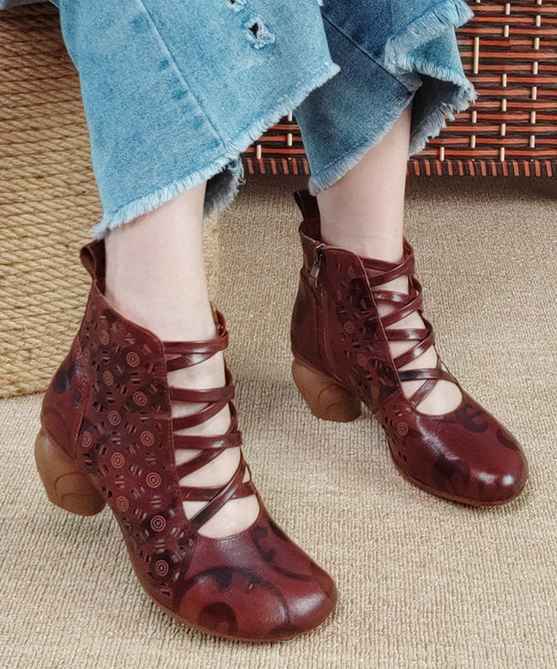 Vintage Brown Zippered Hollow Out Cowhide Leather Chunky Boots