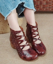 Load image into Gallery viewer, Vintage Brown Zippered Hollow Out Cowhide Leather Chunky Boots