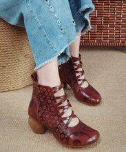 Load image into Gallery viewer, Vintage Brown Zippered Hollow Out Cowhide Leather Chunky Boots