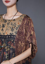 Load image into Gallery viewer, Vintage Coffee Oversized Patchwork Print Silk Dress Summer