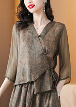 Load image into Gallery viewer, Vintage Coffee Print Chinese Button Lace Up Patchwork Linen Top Summer