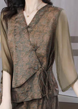 Load image into Gallery viewer, Vintage Coffee Print Chinese Button Lace Up Patchwork Linen Top Summer