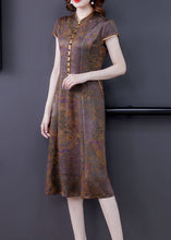 Load image into Gallery viewer, Vintage Coffee Stand Collar Print Button Patchwork Silk Dress Summer