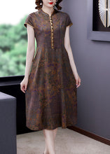 Load image into Gallery viewer, Vintage Coffee Stand Collar Print Button Patchwork Silk Dress Summer