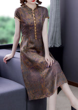 Load image into Gallery viewer, Vintage Coffee Stand Collar Print Button Patchwork Silk Dress Summer