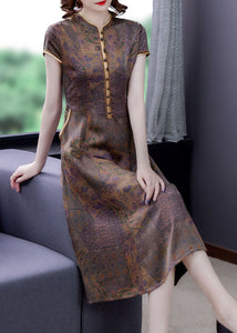 Vintage Coffee Stand Collar Print Button Patchwork Silk Dress Summer