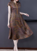 Load image into Gallery viewer, Vintage Coffee Stand Collar Print Button Patchwork Silk Dress Summer