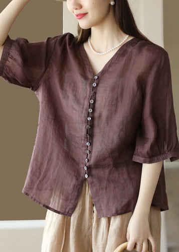 Vintage Deep Red V Neck Button Patchwork Linen Shirt Top Summer