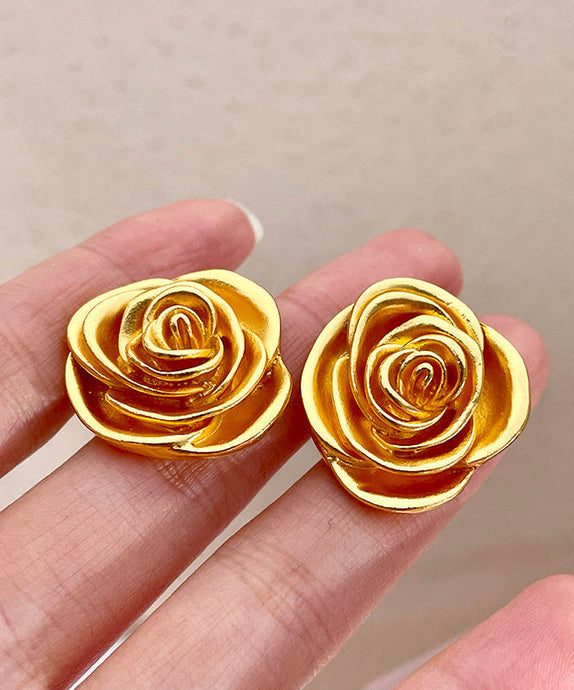 Vintage Gold Metal Rose Stud Earrings