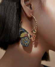 Load image into Gallery viewer, Vintage Gold Sterling Silver Overgild Crystal Embroidery Butterfly Hoop Earrings