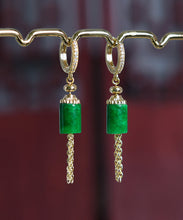 Load image into Gallery viewer, Vintage Gold Sterling Silver Overgild Inlaid Jade Tassel Drop Earrings