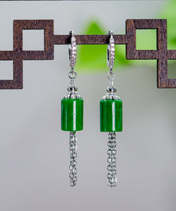 Vintage Gold Sterling Silver Overgild Inlaid Jade Tassel Drop Earrings