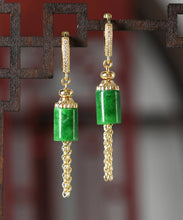 Load image into Gallery viewer, Vintage Gold Sterling Silver Overgild Inlaid Jade Tassel Drop Earrings