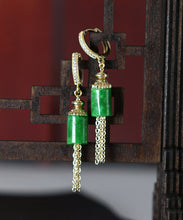 Load image into Gallery viewer, Vintage Gold Sterling Silver Overgild Inlaid Jade Tassel Drop Earrings