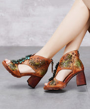 Load image into Gallery viewer, Vintage Green Chunky Cowhide Leather Peep Toe Hollow Out Sandals