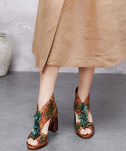 Load image into Gallery viewer, Vintage Green Chunky Cowhide Leather Peep Toe Hollow Out Sandals