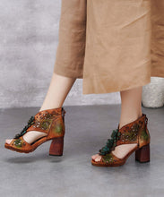 Load image into Gallery viewer, Vintage Green Chunky Cowhide Leather Peep Toe Hollow Out Sandals