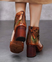 Load image into Gallery viewer, Vintage Green Chunky Cowhide Leather Peep Toe Hollow Out Sandals