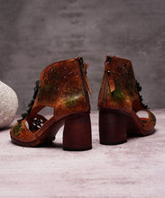 Load image into Gallery viewer, Vintage Green Chunky Cowhide Leather Peep Toe Hollow Out Sandals