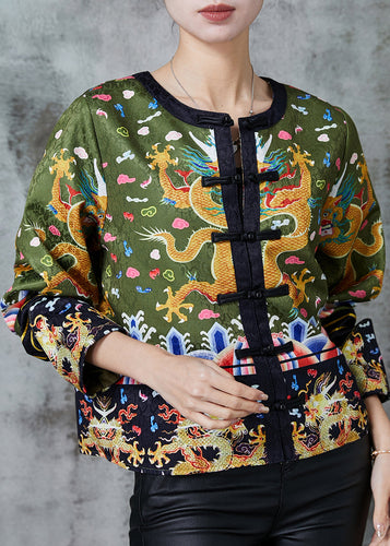 Vintage Green Embroidered Patchwork Silk Coat Spring