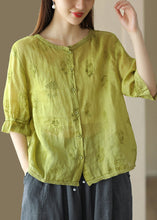 Load image into Gallery viewer, Vintage Green O Neck Embroidered Linen Shirt Summer