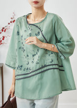 Load image into Gallery viewer, Vintage Green O-Neck Print Linen Shirt Top Half Sleeve