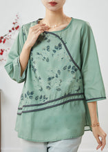 Load image into Gallery viewer, Vintage Green O-Neck Print Linen Shirt Top Half Sleeve