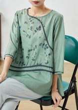 Load image into Gallery viewer, Vintage Green O-Neck Print Linen Shirt Top Half Sleeve