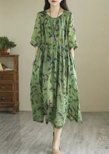 Load image into Gallery viewer, Vintage Green O-Neck Print Wrinkled Long Dress Summer