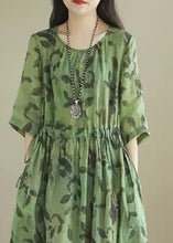 Load image into Gallery viewer, Vintage Green O-Neck Print Wrinkled Long Dress Summer