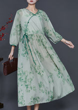 Load image into Gallery viewer, Vintage Green Print Linen Oriental Dresses Bracelet Sleeve