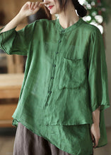 Load image into Gallery viewer, Vintage Green Stand Collar Pockets Button Linen Shirt Summer