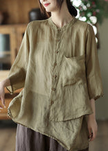 Load image into Gallery viewer, Vintage Green Stand Collar Pockets Button Linen Shirt Summer