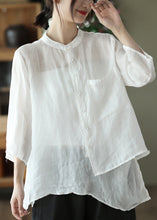 Load image into Gallery viewer, Vintage Green Stand Collar Pockets Button Linen Shirt Summer