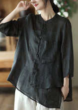 Load image into Gallery viewer, Vintage Green Stand Collar Pockets Button Linen Shirt Summer